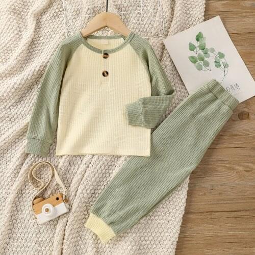 Baby Girl Boy Contrast Color Waff Plaid Clothes Set Long Sleeve O-neck T-shirt Buttons+Elastic Waist Trousers 2021 New Fashion