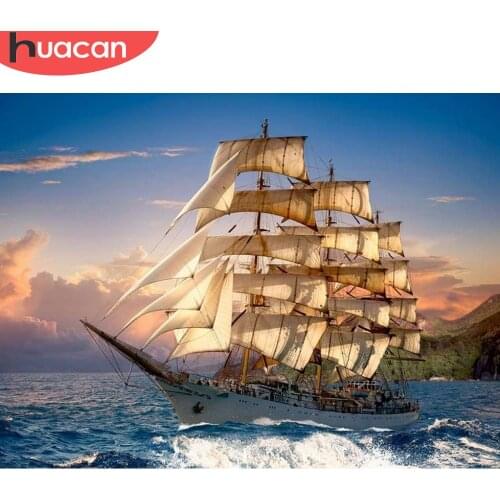 HUACAN Landscape Paint With Diamonds 5D Full Square/Round Drill Sea Decoration Home DIY Mosaic Diamond Embroidery Sailboat