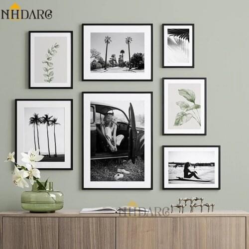 Canvas Print Painting Poster Wall Picture Art Black White Gril Photograph Green Natural Leaves Home Decor for Living Room