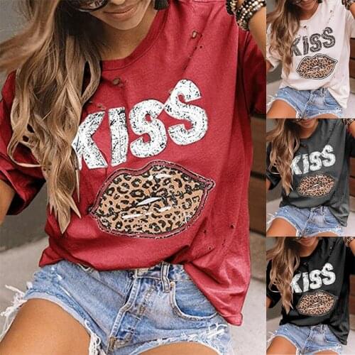 Leopard Lip Printed T-shirt Women Red Lip Mouth Print Tshirts O-neck Short Sleeve Casual Top Fashion Shirt Leisure
