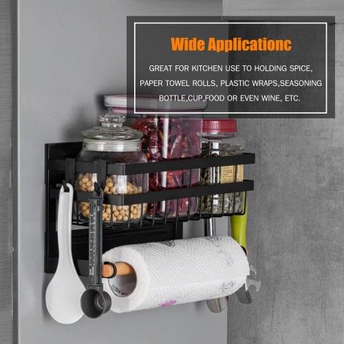 Magnetic Kitchen Storage Rack Spice Sauce Bottle Rack With Hook Paper Towel Holder Mutifunction Hanging Organizer Shelf