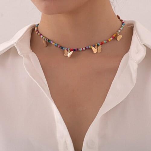 Fashion Summer Sweet Necklaces Womens Bohemian Neck Chain Strand Butterfly Alloy Color Beads Necklaces Jewelry for Girls