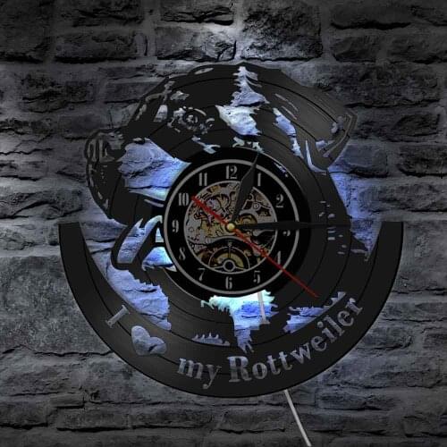 I Love Rottweiler Rottie Wall Art Clock German Dog Breed Rottweiler Vinyl Record Wall Clock with LED Light Dog Pet Shop Gift