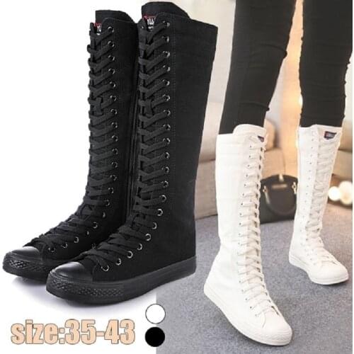 New Womens Fashion Womens Knee High Boots Flat Ankle Snow Dance Lace Up Canvas Long Boots Plus Size Color Black White Boots