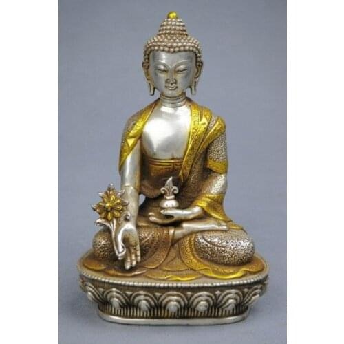 Excellent 21CM 18TH C TIBET SILVER STATUE OF MEDICINE BUDDHA 100% fast shipping copper tools wedding Decoration Brass Bronze