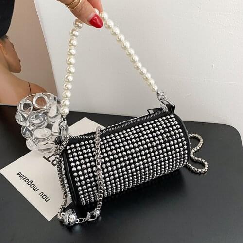 Luxury Rhinestone Mini Woman Handbag Pearl Chain Shoulder Bags 2021 Fashion Round Barrel Zipper Messenger Bag Female Evening Bag