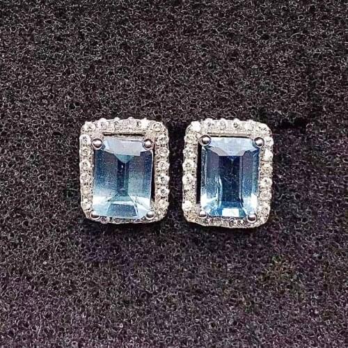 Natural real blue topaz rectangle stud earring Per jewelry 5*7mm 1.3ct*2pcs gemstone 925 sterling silver Fine jewelry X218382