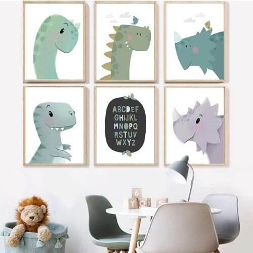 Nordic Cartoon Dinosaur Alphabet Canvas Painting Wall Art Prints Pictures For Home Nursery Kids Room Decor (No Frame)