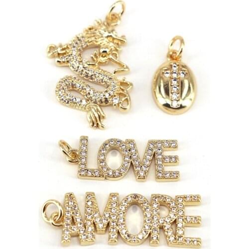 10Pcs Gold Dragon /Letter Charms Pendant, Shiny Gold Color Plated Crystal Zircon Pendant Mens & Womens Jewelry
