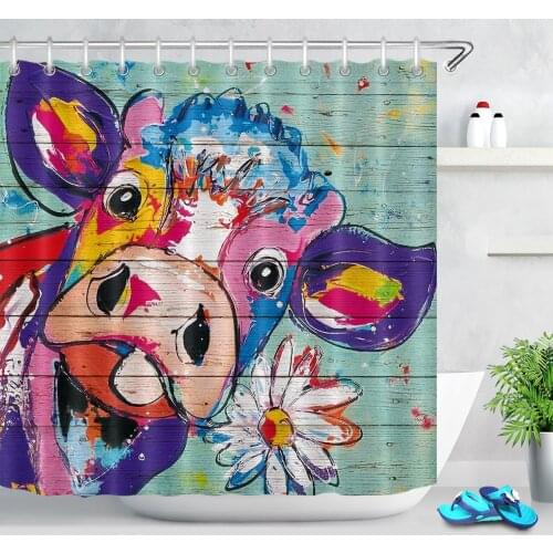 Graffiti Design Flower Cow Shower Curtain Rustic Wooden Plank Bathroom Curtains Polyester Fabric Bath Curtains Home Decor