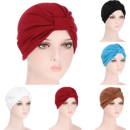 Women Muslim Turban Hat Hair Bonnet Head Scarf Wrap Cap Cover Simple Bandage Solid Color Dustproof Hat