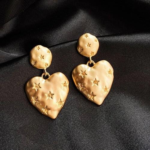 Gold heart earrings for women silver color pin star engraved three-dimensional earrings vintage 2020