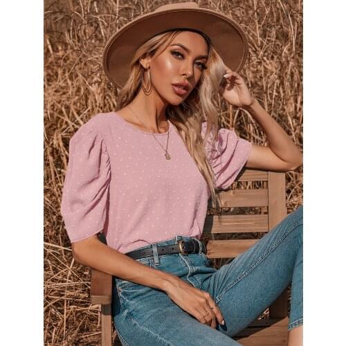 DIFIUPAI Casual Vintage Summer O-neck Solid Embroidery Short Sleeve Lantern All-match Female y2k Top Plus Size Women Clothing