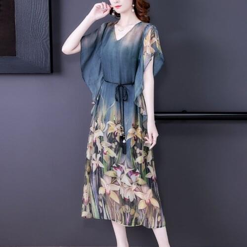 2021 High Quality New Fashion Designer Runway Dress Womens Loose Waist Belt Vintage Flowers Print Fashion Dresses