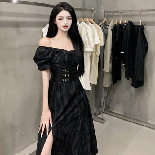 Vintage High Waist Gray Gothic Women Dress Slash Neck Short Puff Sleeve Calf Length High Split Female Dress Summer With Belt