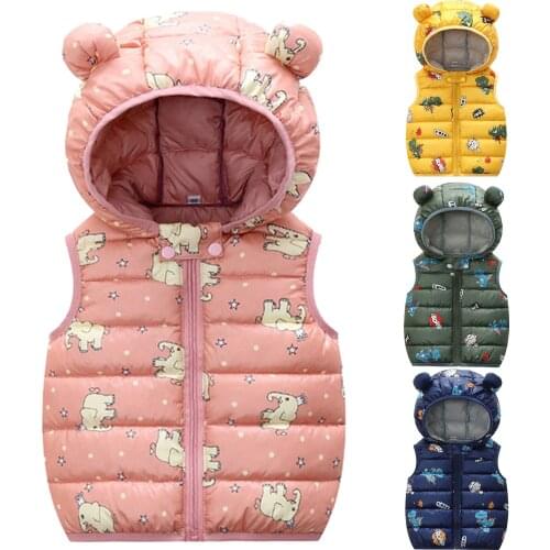 Toddler Baby Boys Girls Waistcoat Cartoon Windproof Coat Hooded Outerwear Warm Down Vest Kids Winter Clothes Vest 1 2 3 4 Years