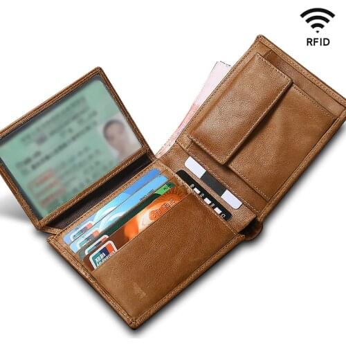 100% Genuine Leather Men Wallet Vintage Short Slim Male Cowskin Soft Purses with Coin Pocket RFID Blocking Card Holder