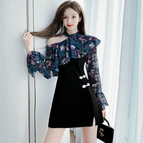 2021 chinese dress cheongsam women qipao oriental floral chiffon dresses suit classic fairy two piece set chinese style dress