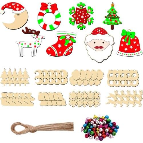 80PCS Wooden Pendants With 40 Bell Pcs DIY Wood Chip Christmas Tree Wooden Ornaments Crafts Holiday Centerpieces