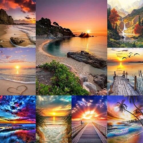 Diamond Painting DIY Landscape Sunset Sea Cross Stitch Full Round Drill Embroidery Handmade Home Room Wall Decor Craft
