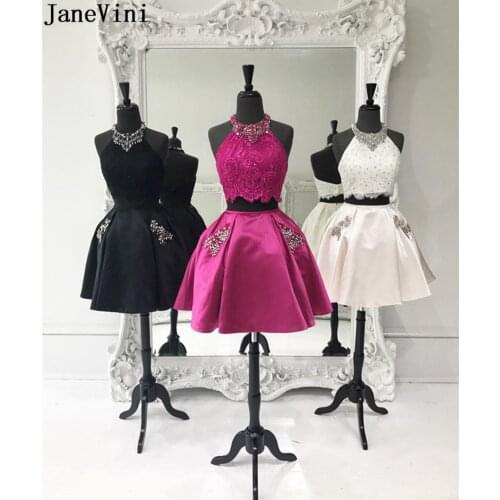 JaneVini Fuchsia Satin Short Cocktail Dresses Two Piece Crystal Beaded Homecoming Dress Black Halter Party Gowns Vestido Coctel