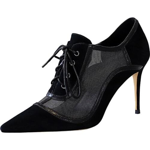 BIGTREE Slimming High Heels Hollow Out Shoes Mesh Lacing Single Shoe Suede Womens Single Shoes Sexy Nightclub Shoes
