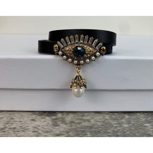 Hot Sale Brand Fashion Jewelry For Women Leather Punk Eye Choker Gold Color Zircon Bracelet Vintage Design Party Gifts Girls