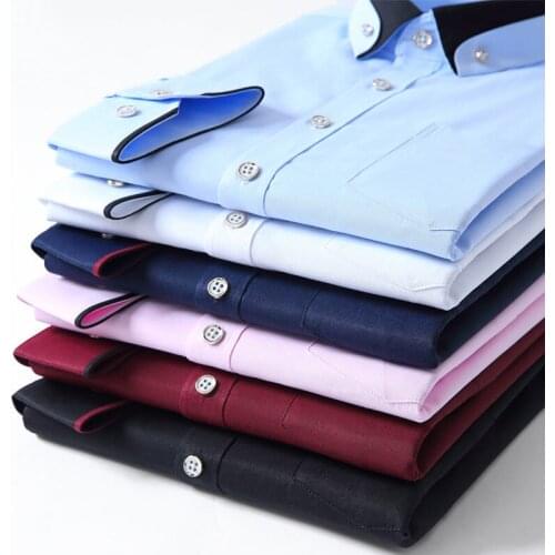 Mens solid Plaid office Shirt Front Patch Chest Pocket Regular-fit Button-down Collar long sleeve edging Shirts asian size