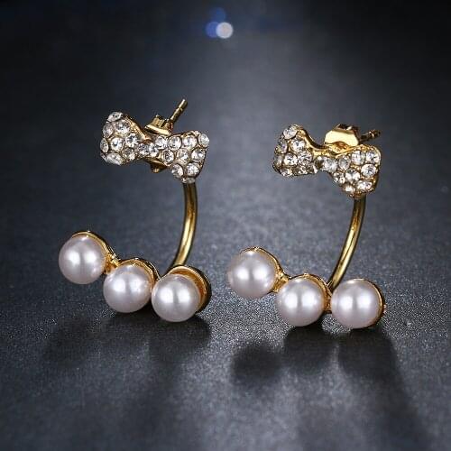 Emmaya Fashion Unique Design Lovely Bowknot Crystal 3 Pearls Stud Earrings Gold Color For Woman New Christmas Gift Party