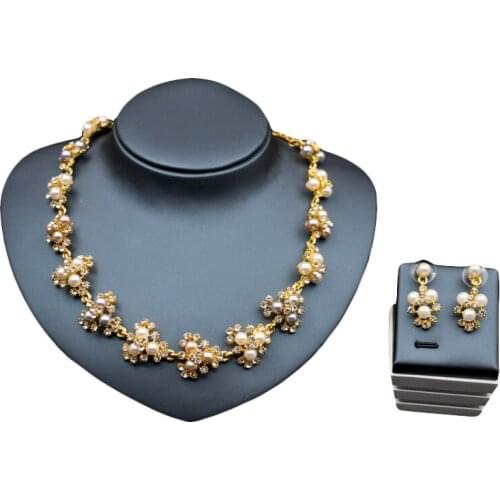 3 Simulated Pearl Flowers Jewelry Set Inlay Rhinestone Women Gorgeous Bridal Jewelry Gold Color Necklace Stud Earring Wholesale