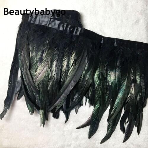 Nice 2 Yards Black Chicken Rooster Tail Feathers Trims Strip 30-35cm 12-14" for Wedding Party Clothing Rooster Feather Trims Diy