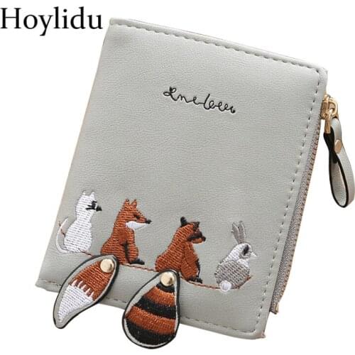 PU Leather Women Mini Purse Short Embroidery Animal Pattern Female Wallets Cute Designer Fashion Small Pink Money Bags for Girls