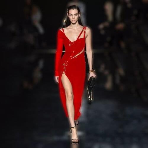 Fashion Lady Sling V-neck Single Sleeve Vestidos Metal Buckle Side High Split Sexy Party Club Bandage Dress 2020 Fall New