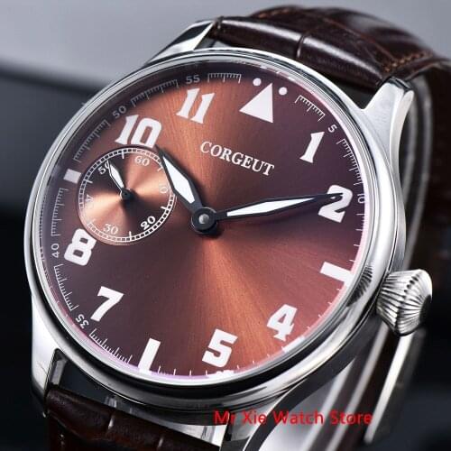 Corgeut 44mm Watch Men 17 Jewels Hand Winding 6497 Movement Luminous Waterproof Mechanical Wristwatches Leather Strap