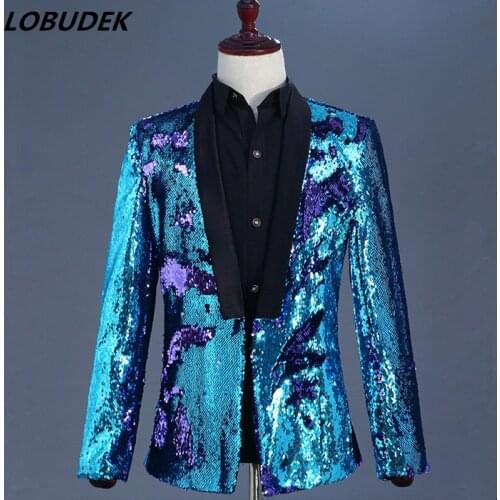 Purple Blue Sequins Men Jackets Blazers Formal Prom Male Singer Host Stage Costume Wedding Groom Master Performance Outerwear