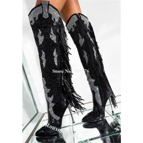 Newest Bling Bling Women Pointed Toe Rhinestone Metallic Stiletto Heel Over Knee Tassels Boots Crystal Fringes Long Boots