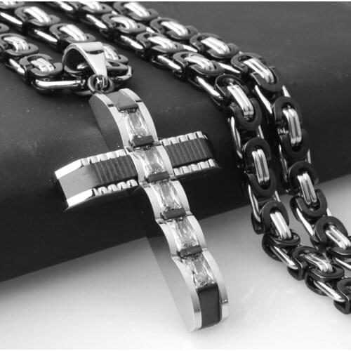 Black Silver Color Stainless Steel Charming Crystal Cross Pendant Necklace Mens Womens Boys Fashion Jewelry