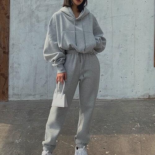 Solid Tracksuit Women Two Piece Set Autumn Winter Clothes Hooded Oversized Sweatshirt Top Sweatpants Sports Jogging Suit Outfits