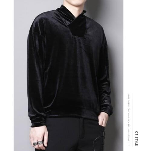 Personalized Design Simple Golden Velvet Leisure pure color simple off the shoulder v-collar Chinese style long-sleeve t-shirt m