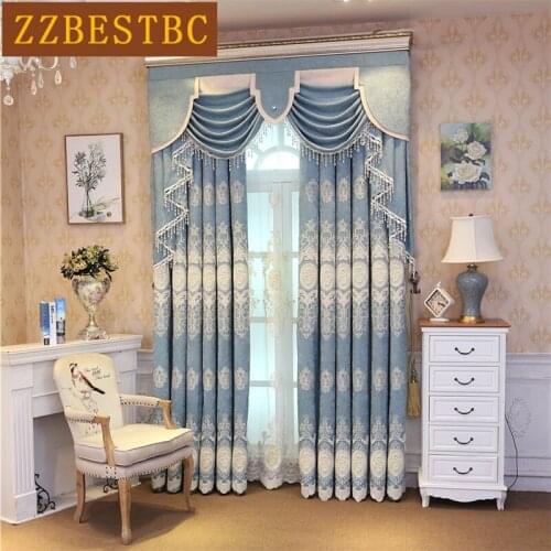 European Style Luxury Villa Embroidered Living Room Curtains Custom Blue Pink Brown Luxury Decorative Curtains For Bedroom Kitch