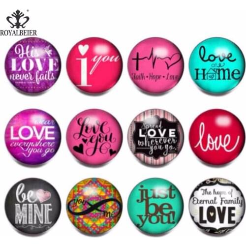 RoyalBeier 12pcs/lot Love Hearts Theme Glass Charms 18mm Snap Button Jewelry For 20mm Snaps Bracelet Snap Jewelry KZ0791