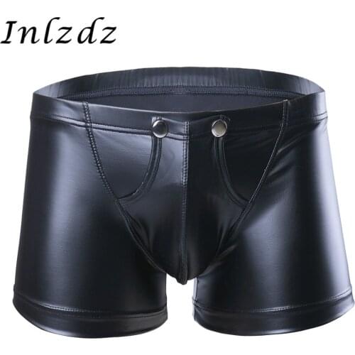 Sexy Mens Lingerie Leather Sex Underwear Shorts Underpants Exotic Gay Homme Underwear Press Button with Bulge Pouch Sexy Panties