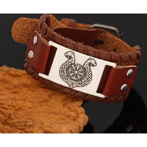 Nordic viking Dragon ship vegvisir leather amulet bracelet -adjustable size 19-31 cm