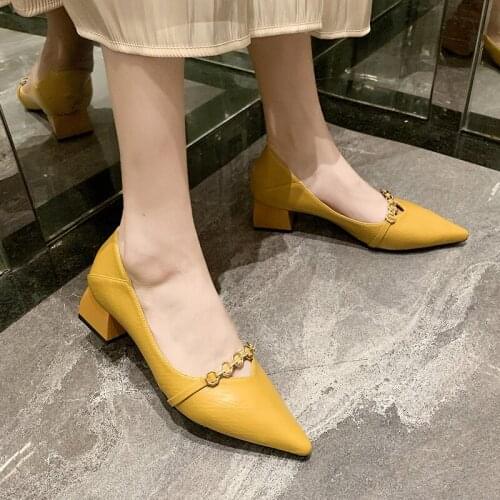 Elegant Ladies Crytal Chains Med Heel Pumps Spring Summer 2020 Office Ladies Comfortable Square Heels Shoes Woman Party