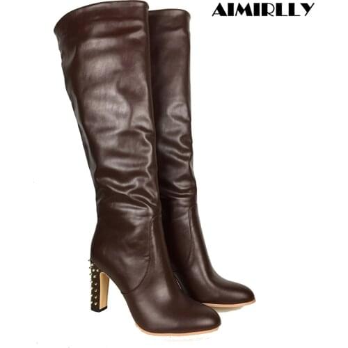 Womens Shoes Round Toe High Heels Knee Boots Rivets Block Heels Ladies Autumn Winter Footwear Fashion Outfit Black Brown