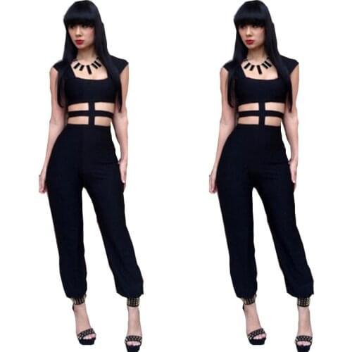 Wonder Beauty Womens Stylish Hollow Out Jumpsuit Bandage Scoop Neck Long Catsuit Short Sleeve High Street Clothing
