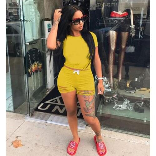 Womens Cropped Top Lace-Up Shorts Suit Solid Color Lady Set Hollow-Out Summer Outfits Sport Sets