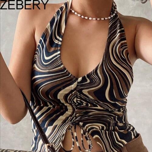 ZEBERY Paisley Halter Top Brown Ruched Drawstring Crop top Vintage y2k Camis Women V Neck Sweats Beach Holiday Vest 2021 90s