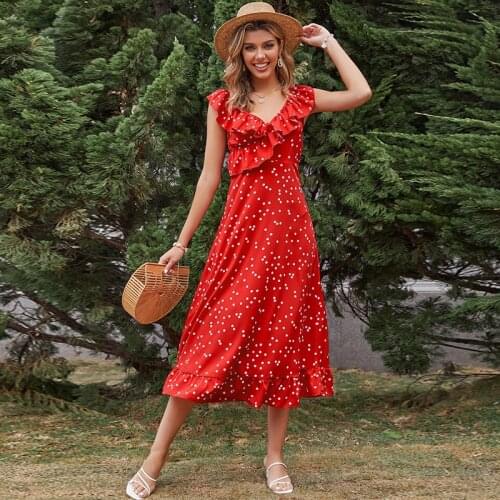 2021 New Summer Polka Dot Print Long Dress Women Casual Ruffles Sleeveless Slim Ladies High Waist Dresses Female Red