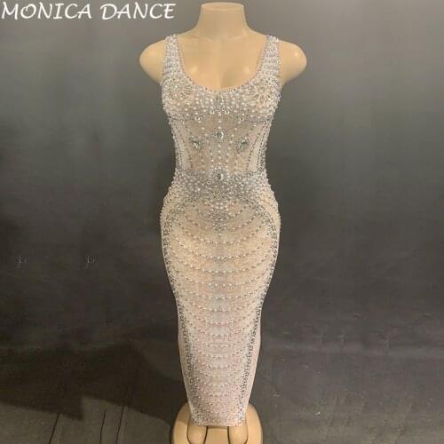 Women Sexy Stage Net Yarn See Through Pearls Dress Womens Birthday Celebrate Mesh Long Dress Stage Costume Dance Dress